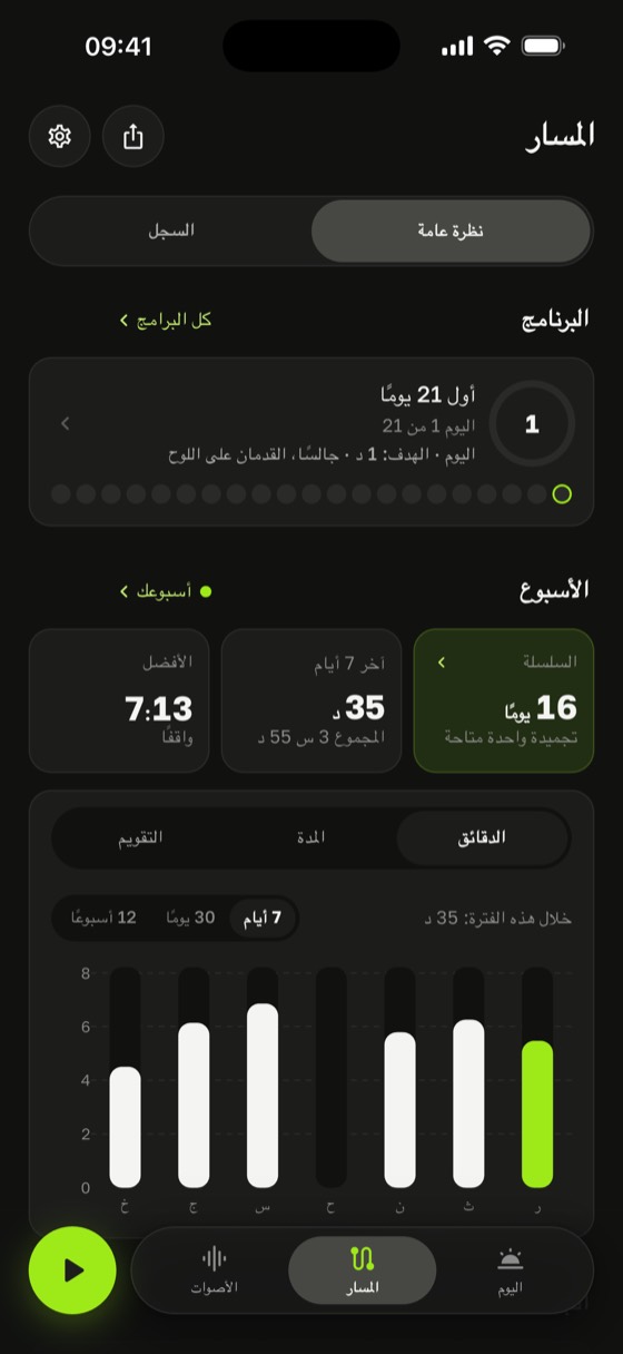 شاشة التقدم: سلسلة 16 يومًا، الرقم القياسي 7:31، أثر الممارسة