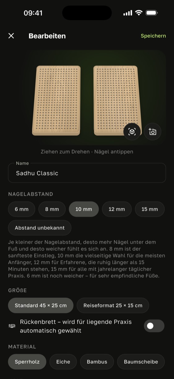 Nagelbrett liegen in Sadharo: Brett-Editor mit Nagelabstand, Größe und dem Schalter für ein Rückenbrett ganz unten