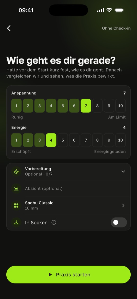 Bildschirm „Wie geht es dir jetzt?“ mit Skalen für Anspannung und Energie