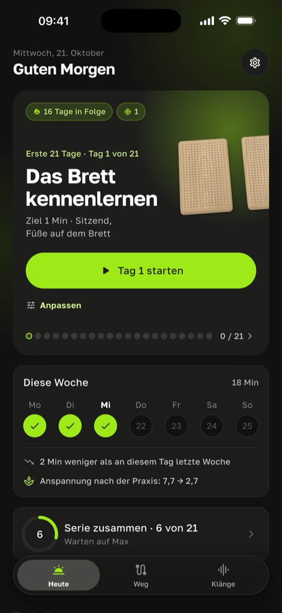 Startbildschirm mit Programmtag und Woche