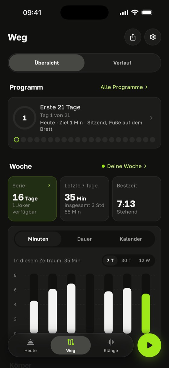 Fortschrittsbildschirm: Serie von 16 Tagen, Bestzeit 7:31, Wirkung der Praxis