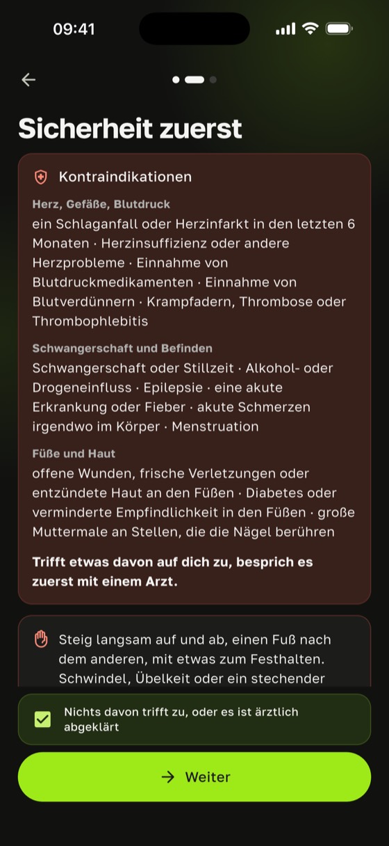Kontraindikationen beim Nagelbrett: „Sicherheit zuerst“ in Sadharo mit Liste und einem Häkchen für die ärztliche Abklärung