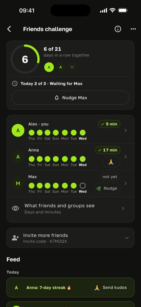 Daily practice with friends: a Sadharo challenge at 6 of 21 days in a row together