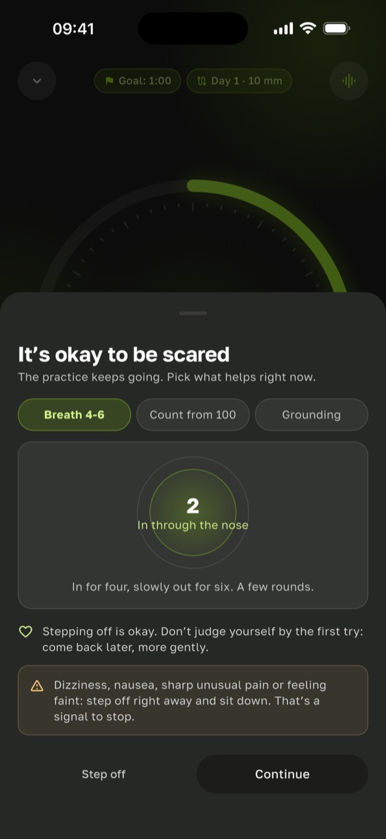 Does standing on nails hurt too much? Sadharo's “Scared?” sheet with breathing, counting, grounding and a step-off button