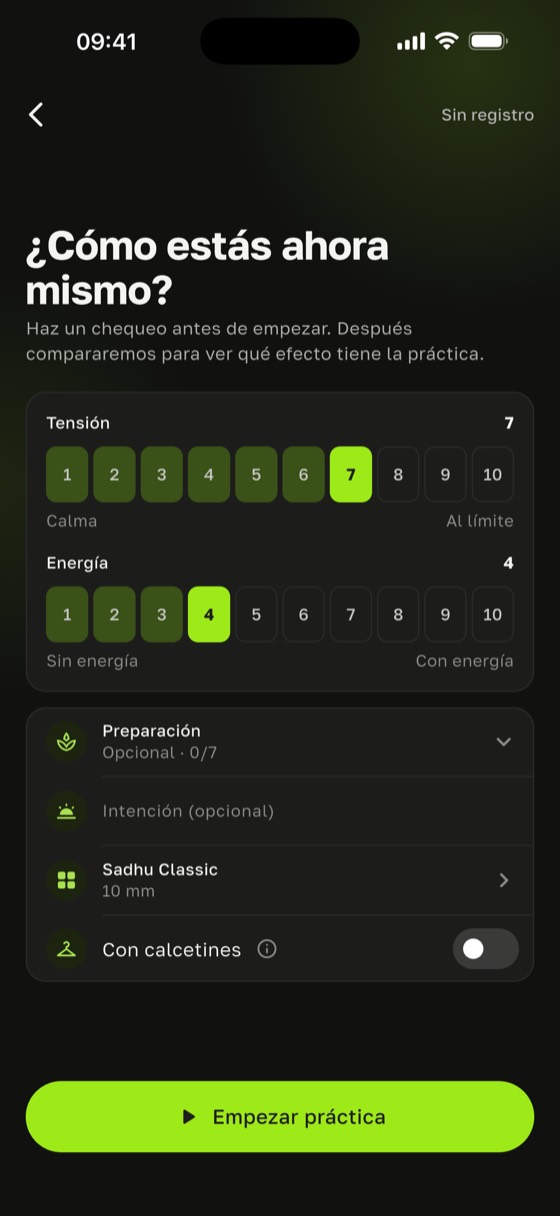 Pantalla «¿Cómo estás ahora?» con las escalas de tensión y energía