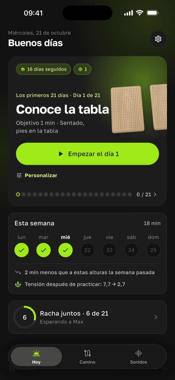 Pantalla principal con el día del programa y la semana