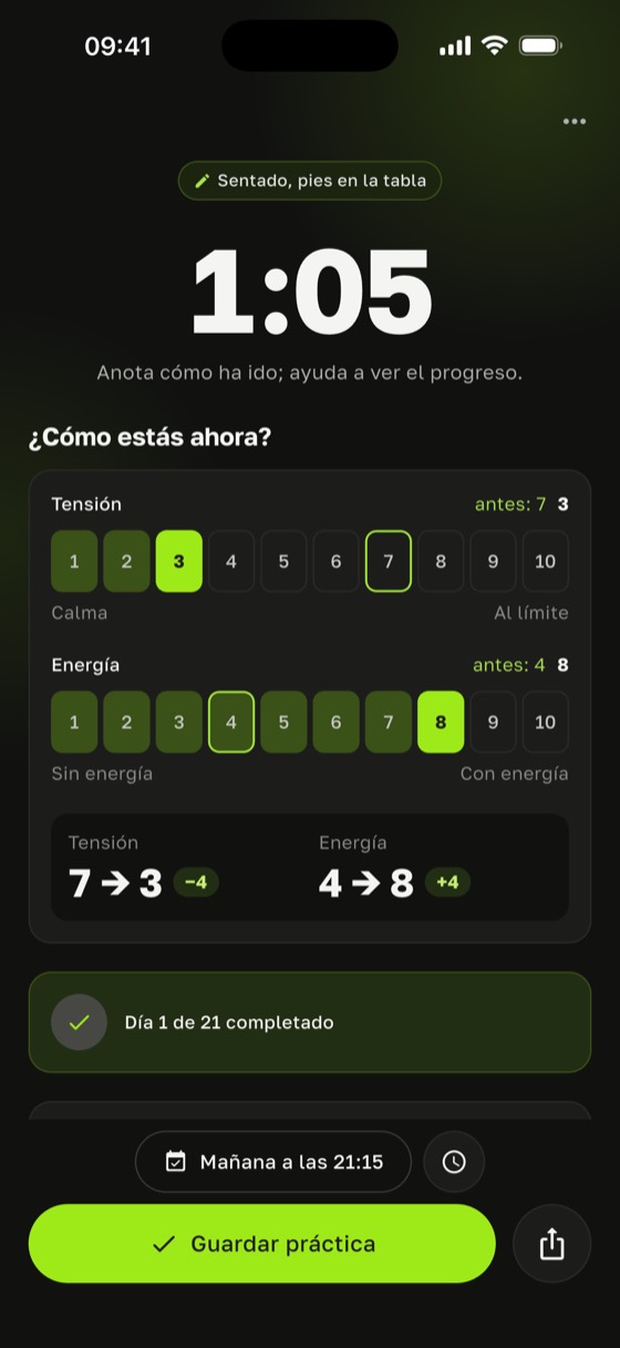 Beneficios de la tabla sadhu medidos en Sadharo: tras la práctica, la tensión bajó de 7 a 3 y la energía subió de 4 a 8