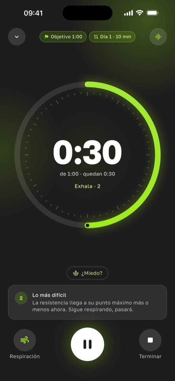 Pantalla del temporizador: 0:30 de un objetivo de 1:00, día 1 del programa