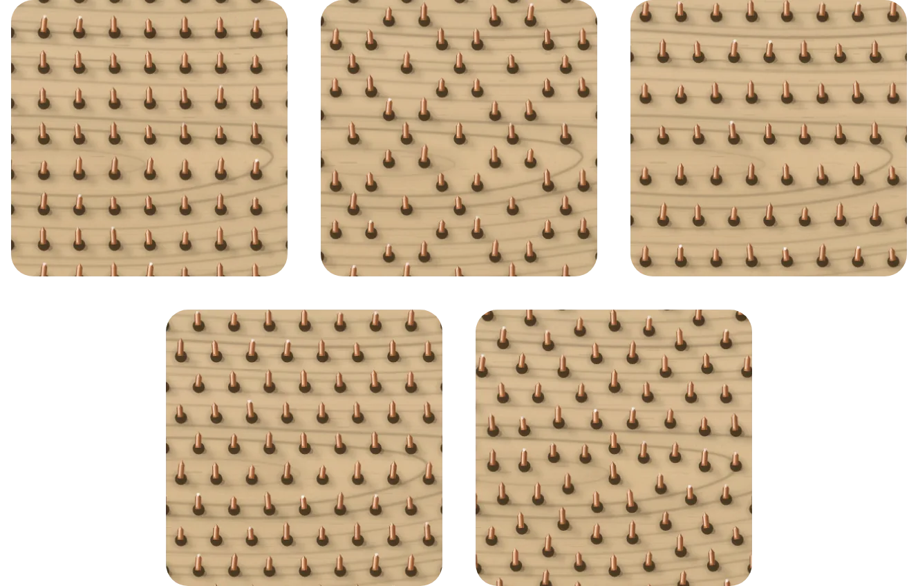 Nagelbrett-Muster bei 10 mm Abstand aus der Nähe: Quadrat, Raute, Schachbrett, Sechseck und Blume des Lebens