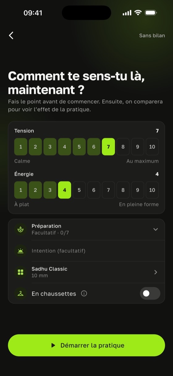Écran « Comment te sens-tu maintenant ? » avec les échelles de tension et d’énergie