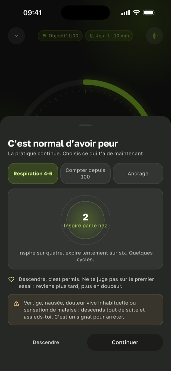 Bouton « Peur ? » ouvert sur le minuteur de Sadharo : respiration, compter depuis 100, ancrage et « Descendre »