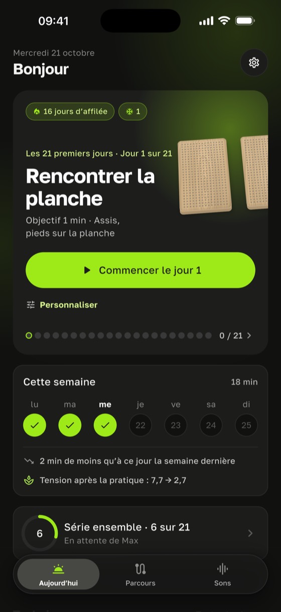 Écran d’accueil avec le jour du programme et la semaine