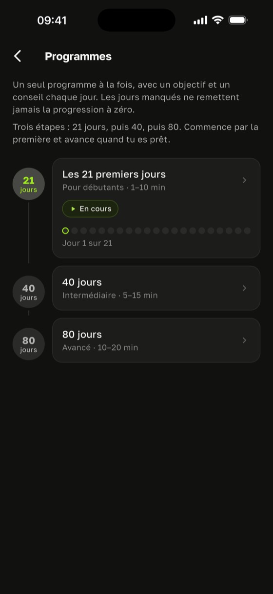 Programmes de Sadharo : combien de temps sur la planche sadhu, de 1–10 min sur 21 jours à 10–20 min sur 80 jours