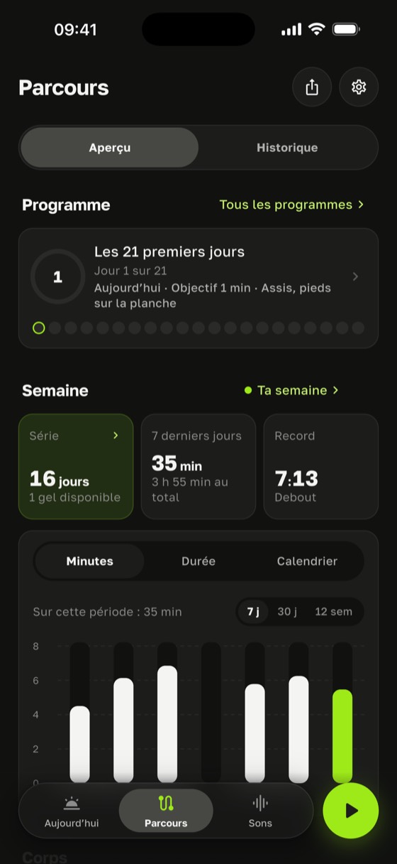 Écran de progression : série de 16 jours, record de 7:31, effet de la pratique