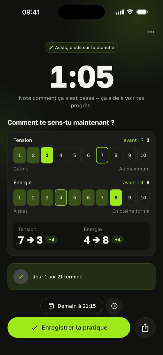 Mesurer les bienfaits de la planche sadhu dans Sadharo : après la pratique, tension de 7 à 3 et énergie de 4 à 8