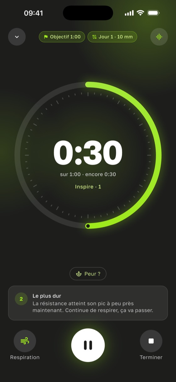 Écran du minuteur : 0:30 sur un objectif de 1:00, jour 1 du programme
