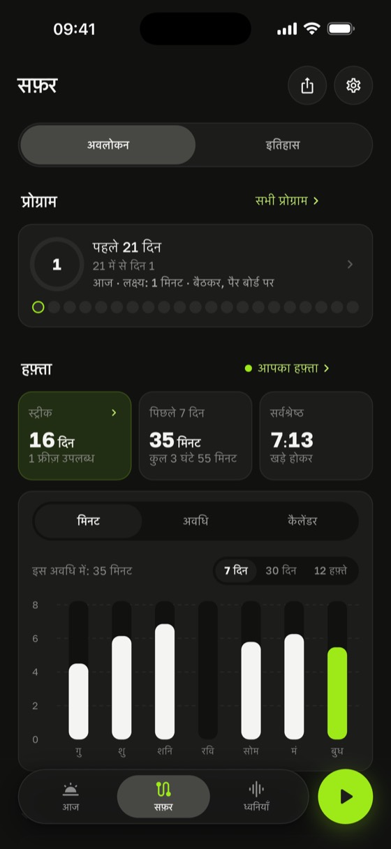 प्रगति स्क्रीन: 16 दिन की स्ट्रीक, रिकॉर्ड 7:31, अभ्यास का असर