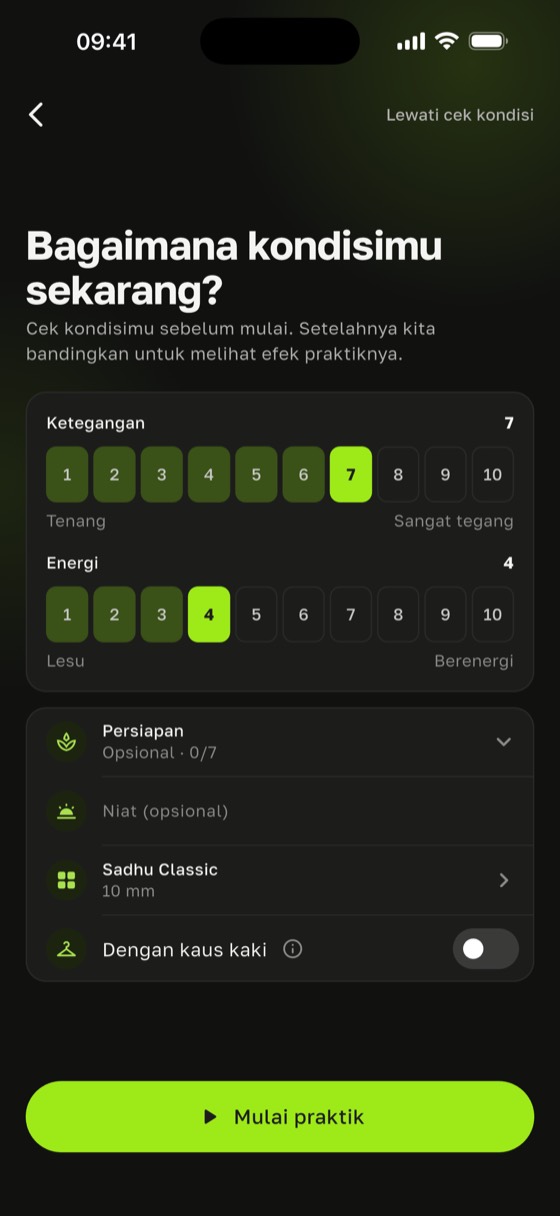 Layar “Bagaimana kondisimu sekarang?” dengan skala ketegangan dan energi
