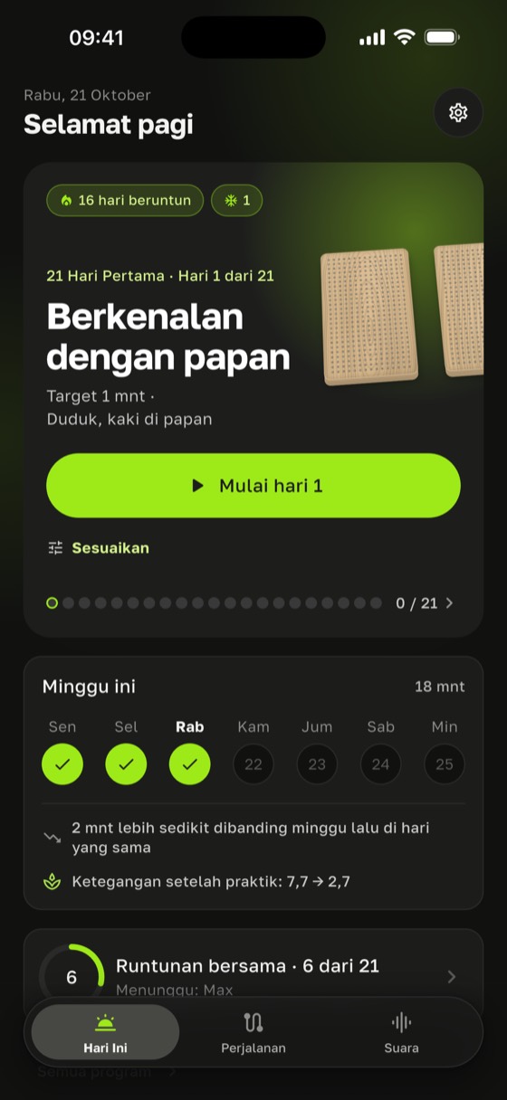 Layar utama dengan hari program dan minggu ini