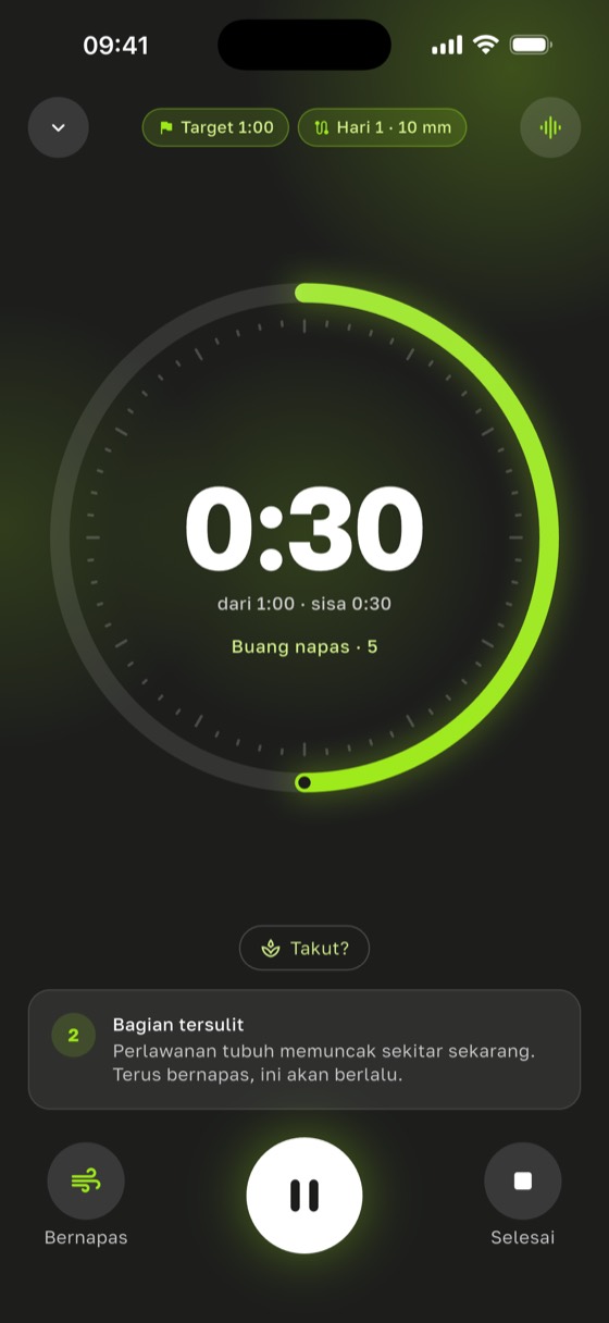 Layar timer: 0:30 dari target 1:00, hari ke-1 program