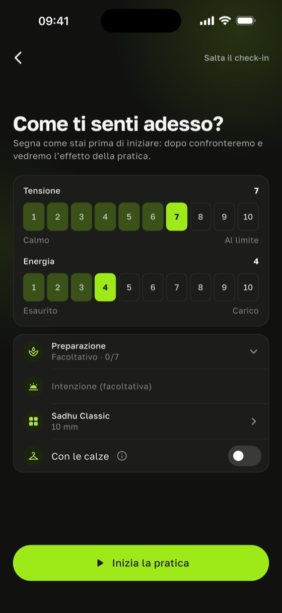 Schermata «Come stai adesso?» con le scale di tensione ed energia