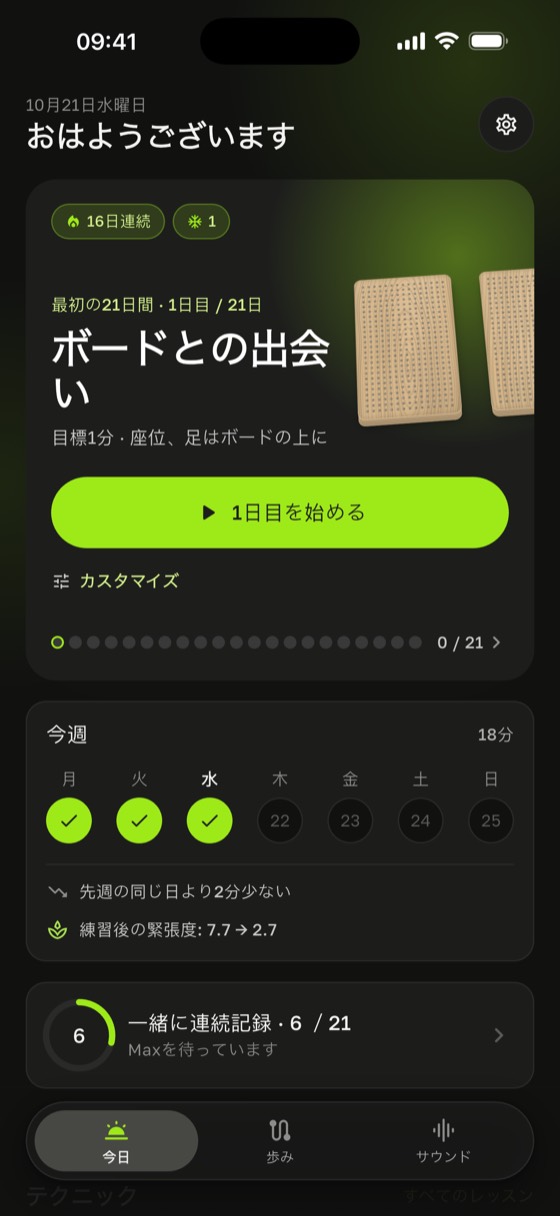 プログラムの何日目かと今週の記録を表示するホーム画面
