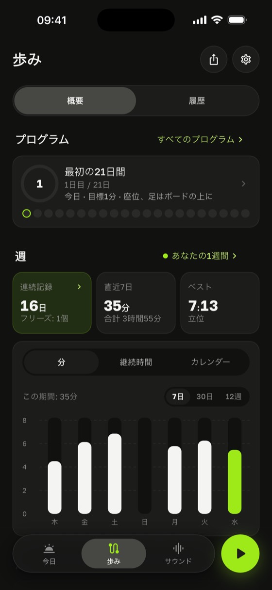 進捗画面:16日連続、ベスト7:31、練習の効果