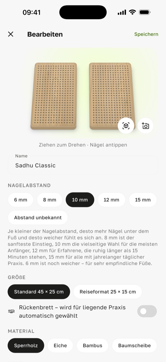 Nagelbrett liegen in Sadharo: Brett-Editor mit Nagelabstand, Größe und dem Schalter für ein Rückenbrett ganz unten