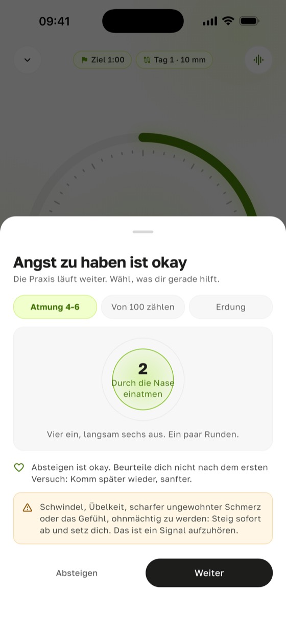 Schmerzen auf dem Nagelbrett, was tun: der „Angst?“-Bereich in Sadharo mit Atmung, Zählen, Erdung und Absteigen