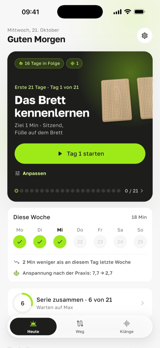 Startbildschirm der App Sadharo mit dem Programm „Erste 21 Tage“ für Anfänger auf dem Nagelbrett
