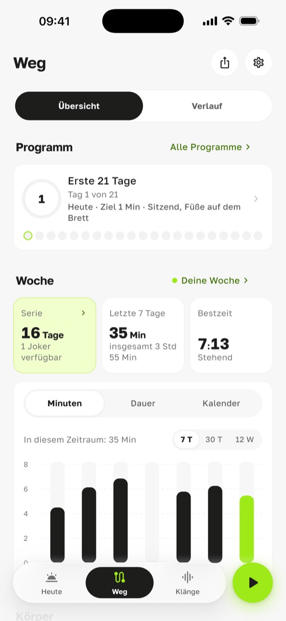 Nagelbrett-Abstand im Fortschritt der App Sadharo: von 8 mm auf 12 mm mit Meilensteinen auf 10 und 12 mm