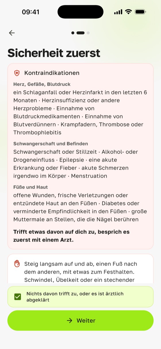 Kontraindikationen beim Nagelbrett: „Sicherheit zuerst“ in Sadharo mit Liste und einem Häkchen für die ärztliche Abklärung