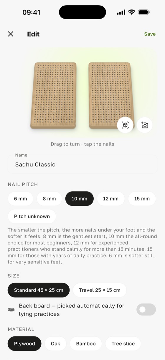 Setting your sadhu board's nail spacing, from 6 to 15 mm, in the Sadharo board editor, with a hint on who each one suits
