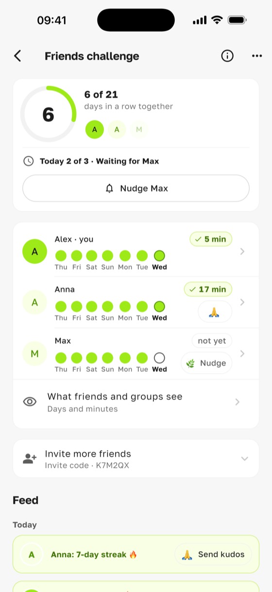 Daily practice with friends: a Sadharo challenge at 6 of 21 days in a row together