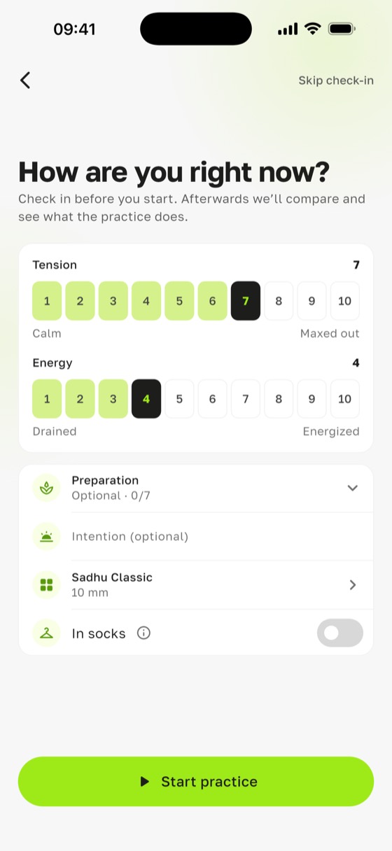 The Sadharo check-in: rating tension and energy before standing on a sadhu board