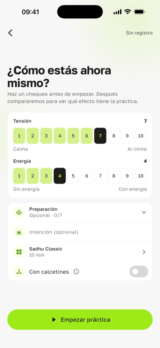 Pararse sobre clavos con ansiedad: valoración de Sadharo antes de practicar, con la tensión en 7 y la energía en 4