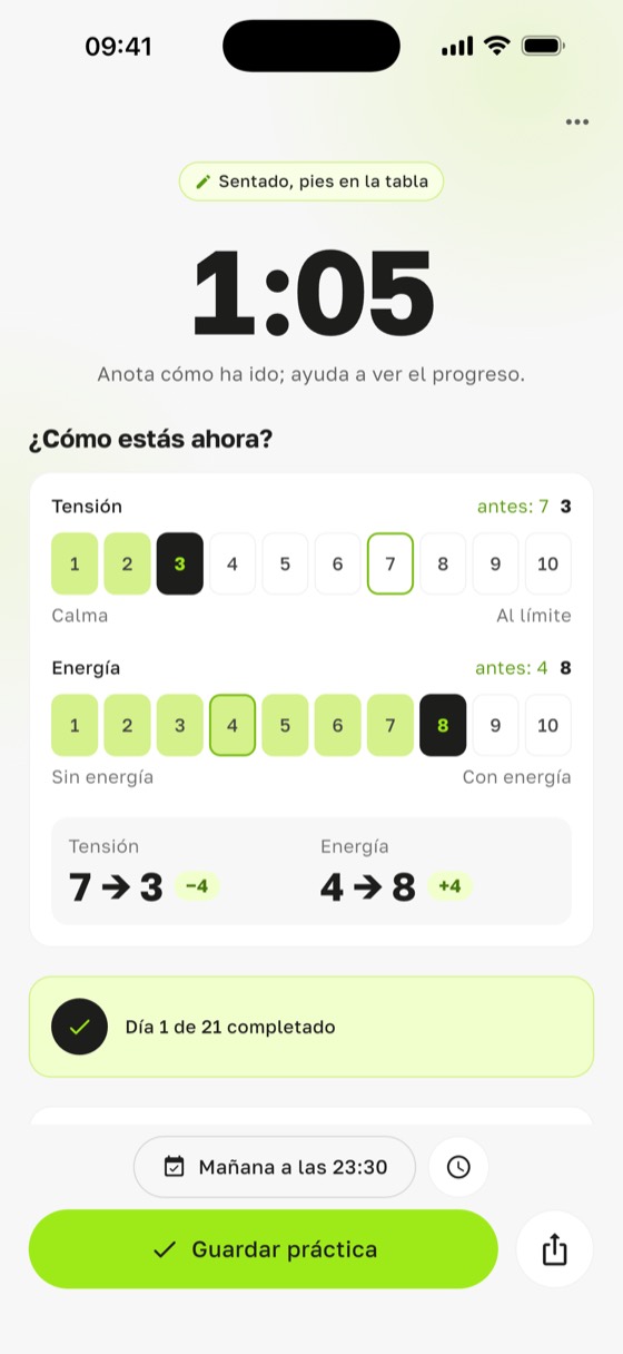Beneficios de la tabla sadhu medidos en Sadharo: tras la práctica, la tensión bajó de 7 a 3 y la energía subió de 4 a 8