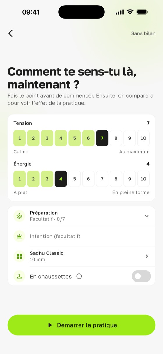 Se tenir sur des clous quand on est stressé : bilan de Sadharo avant la pratique, tension à 7 et énergie à 4