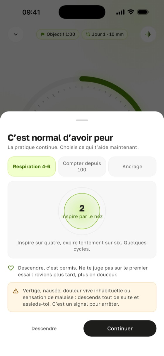Bouton « Peur ? » ouvert sur le minuteur de Sadharo : respiration, compter depuis 100, ancrage et « Descendre »