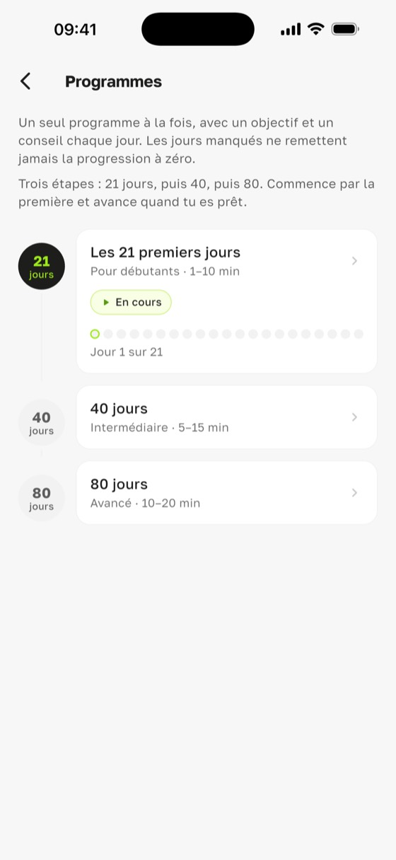 Programmes de Sadharo : combien de temps sur la planche sadhu, de 1–10 min sur 21 jours à 10–20 min sur 80 jours