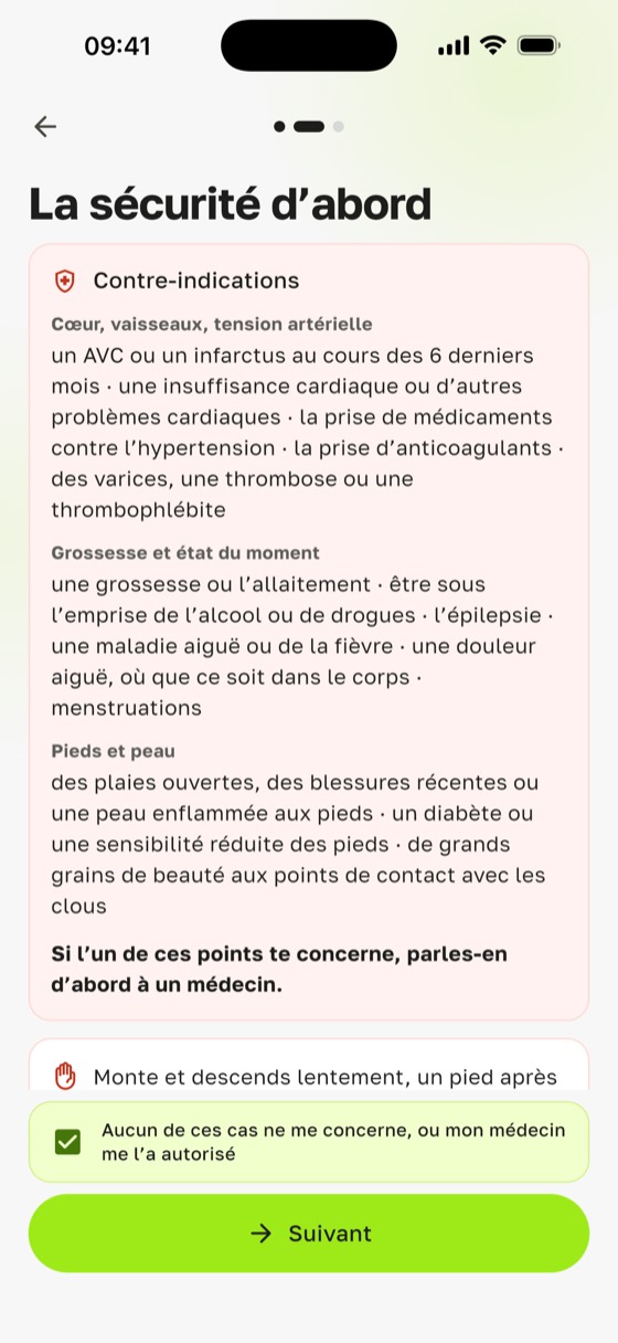 Contre-indications de la planche sadhu dans Sadharo : cœur, vaisseaux et tension artérielle, grossesse et état du moment
