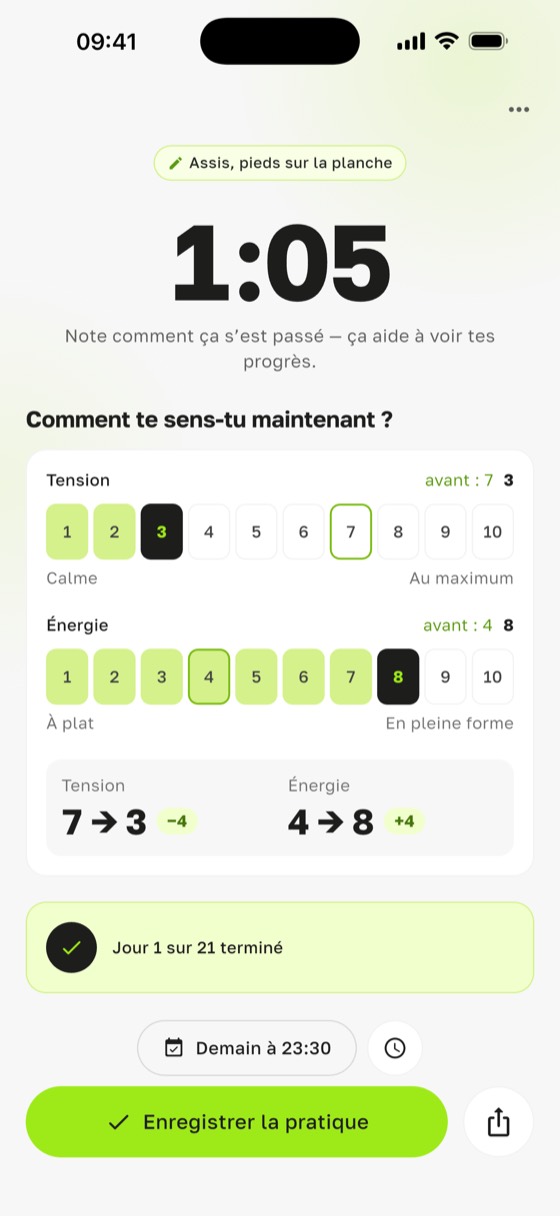 Mesurer les bienfaits de la planche sadhu dans Sadharo : après la pratique, tension de 7 à 3 et énergie de 4 à 8