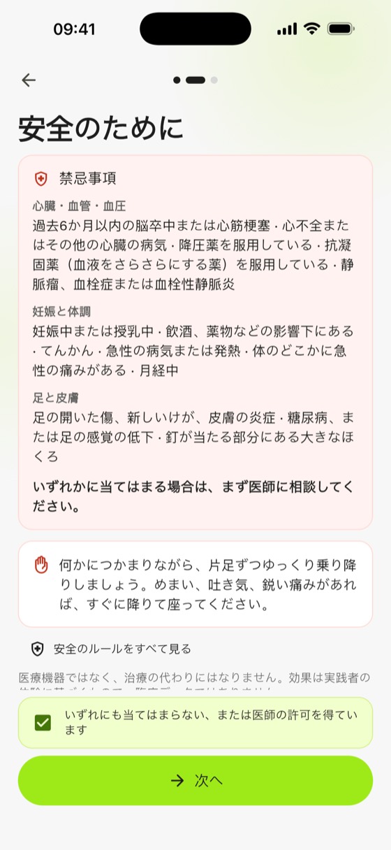 釘の上に立つ危険性を避けるための禁忌事項:心臓・血管・血圧、妊娠と体調、足と皮膚に分けた Sadharo のチェックリスト