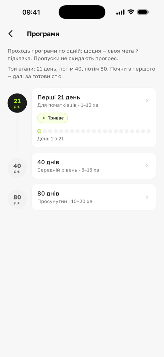 Програми Sadharo: скільки часу стояти на дошці садху — 21 день по 1–10 хв, 40 днів по 5–15, 80 днів по 10–20