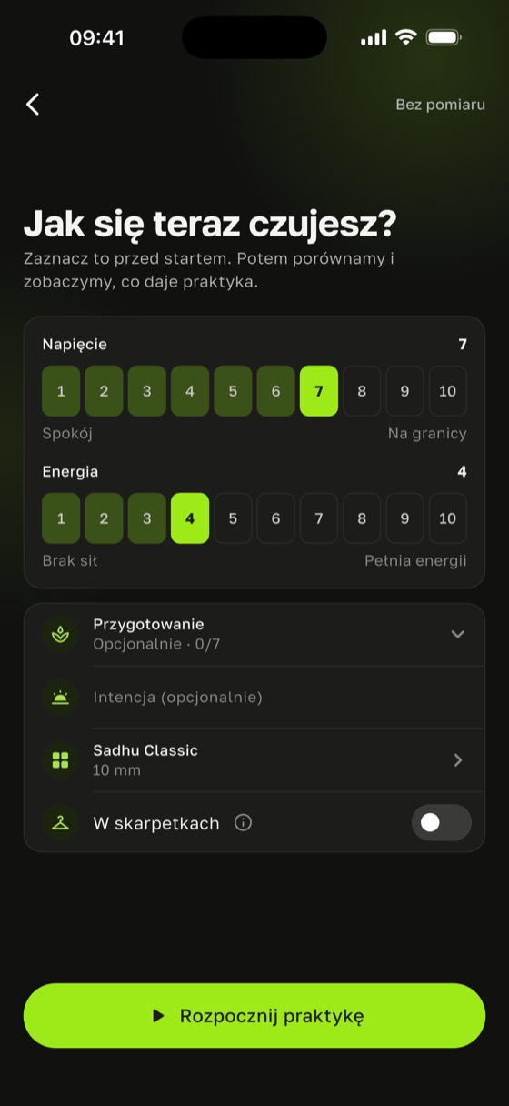Ekran „Jak się teraz czujesz?” ze skalami napięcia i energii