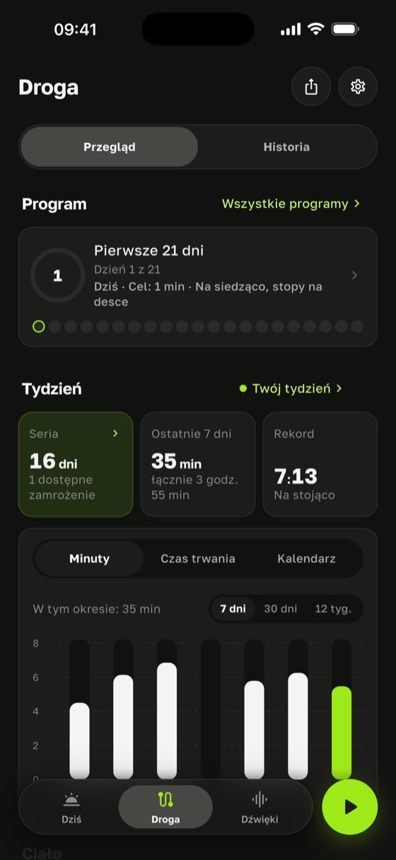 Ekran postępów: seria 16 dni, rekord 7:31, efekt praktyki