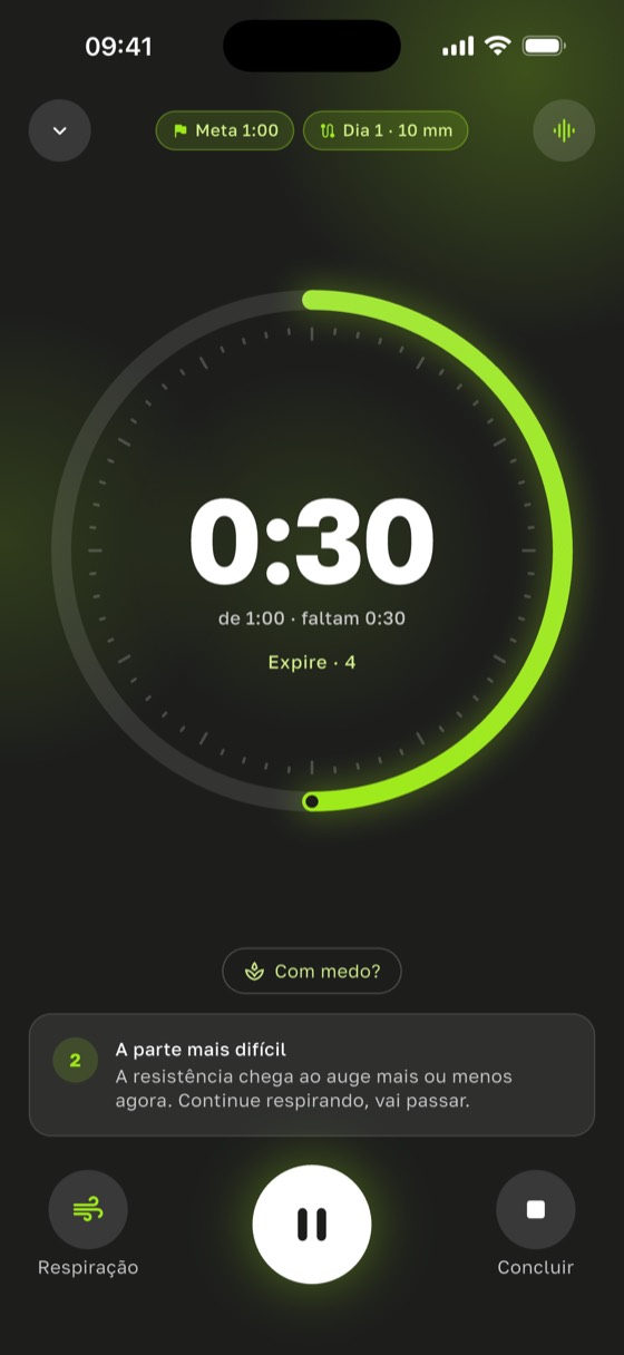 Tela do timer: 0:30 de uma meta de 1:00, dia 1 do programa