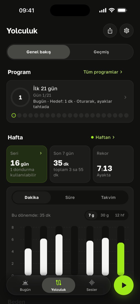 İlerleme ekranı: 16 günlük seri, rekor 7:31, pratiğin etkisi