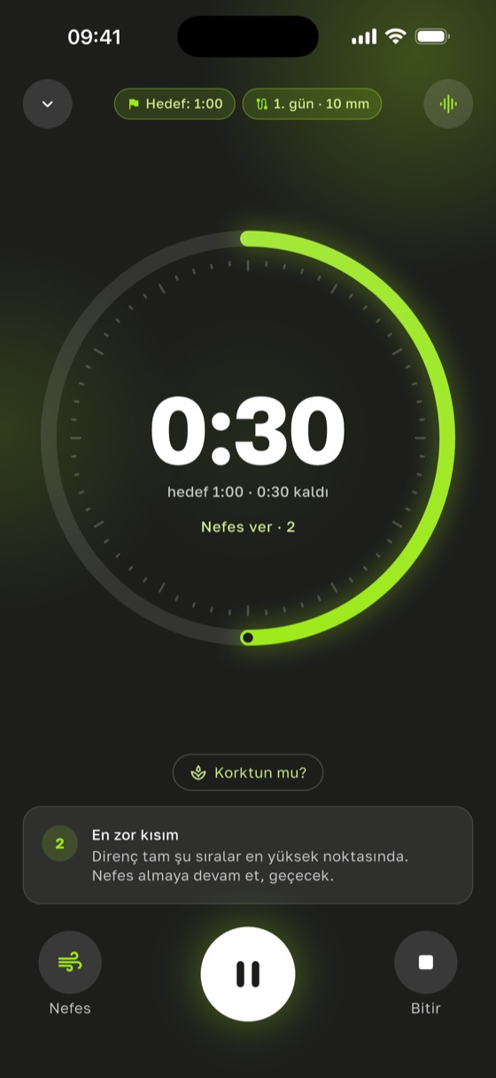 Zamanlayıcı ekranı: 1 dakikalık hedefin 0:30’u, programın 1. günü