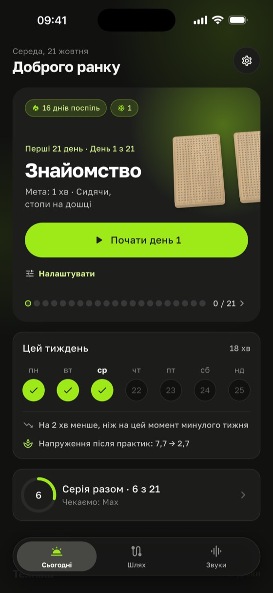 Головний екран із днем програми та тижнем